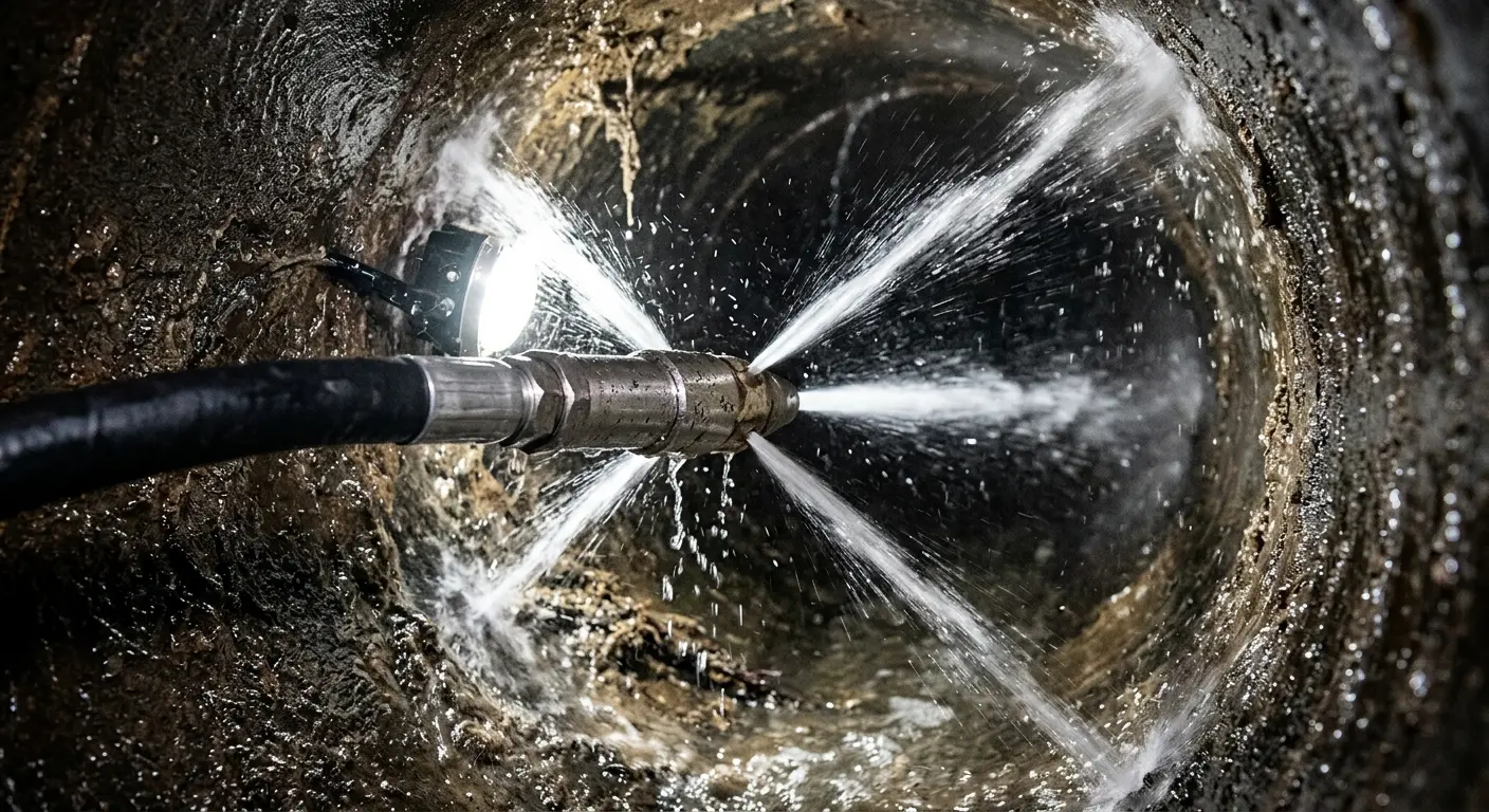 High-pressure hydro jetting nozzle cleaning sewer pipe for Trenchless Sewer Repair in Coos Bay