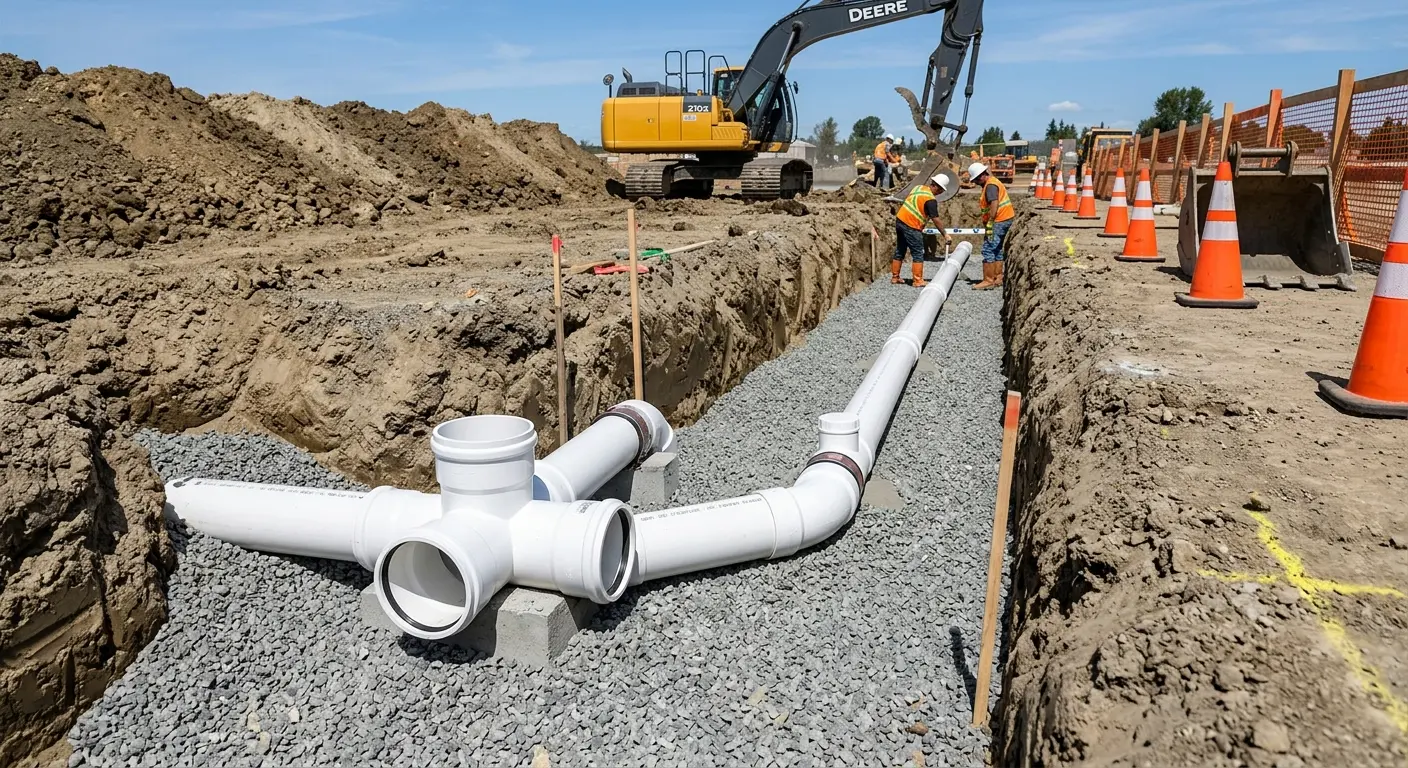 New PVC sewer pipe installation in open trench for Commercial Drain Cleaning in Coos Bay