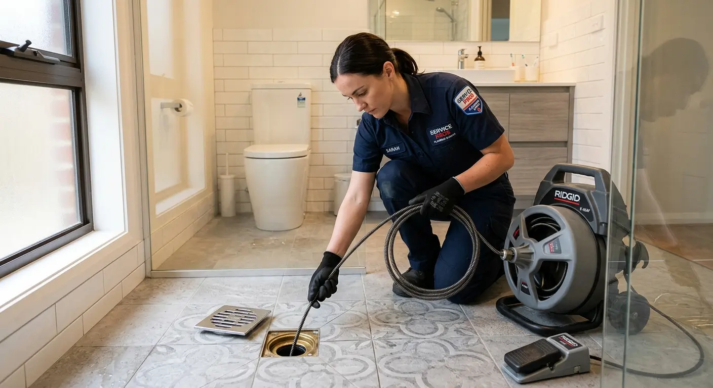 Technician clearing a bathroom floor drain for Drain Cleaning in Coos Bay